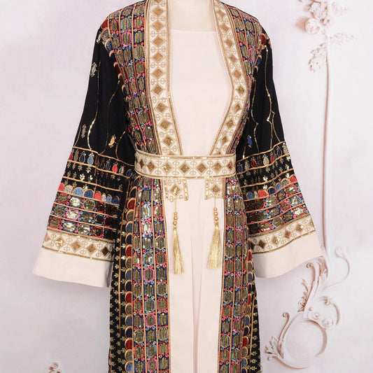 ✨ Robe-cardigan (abaya) de soirée à sequins et franges – éclat et glamour