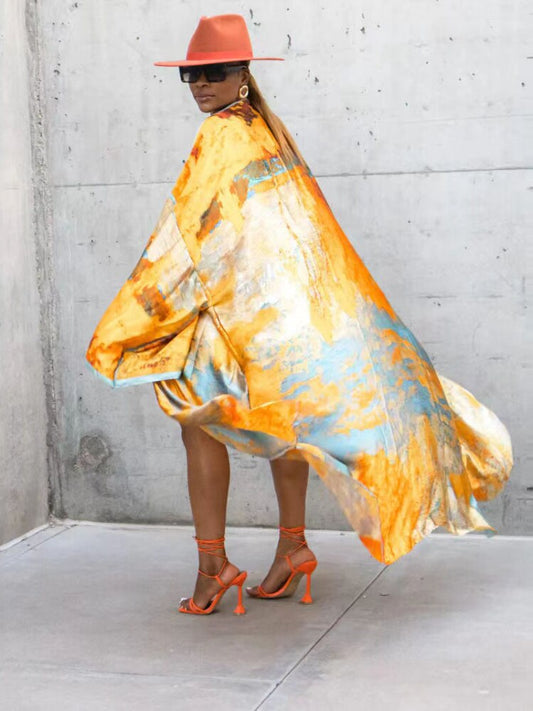 🌞 Kimono de plage long – Style bohème & imprimé doré