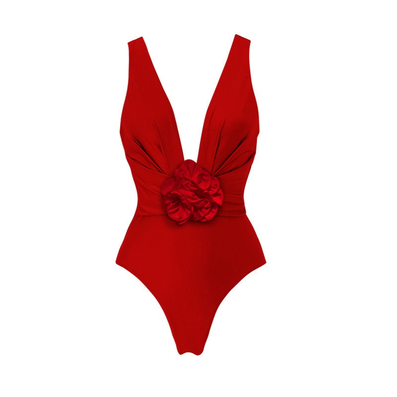 ❤️ Maillot de bain 1 pièce – Décolleté V & Fleurs 3D