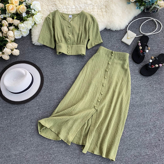 🤍 Ensemble 2 pièces – Chemise & jupe taille élastique