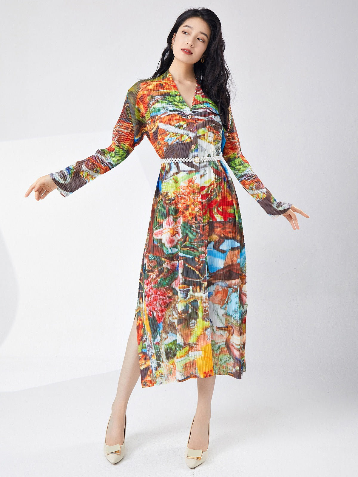 🌸 Robe midi imprimée – Élégance fluide & style raffiné
