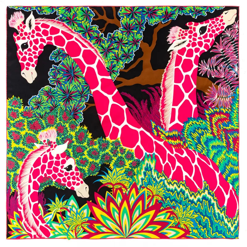 🧣 Foulard carré effet soie – Motif girafes & élégance intemporelle