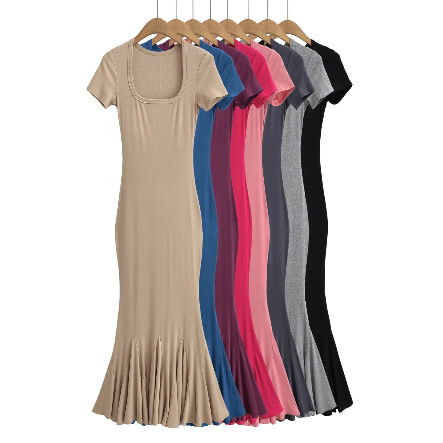 🔥 Robe longue moulante – Coupe sirène & manches courtes