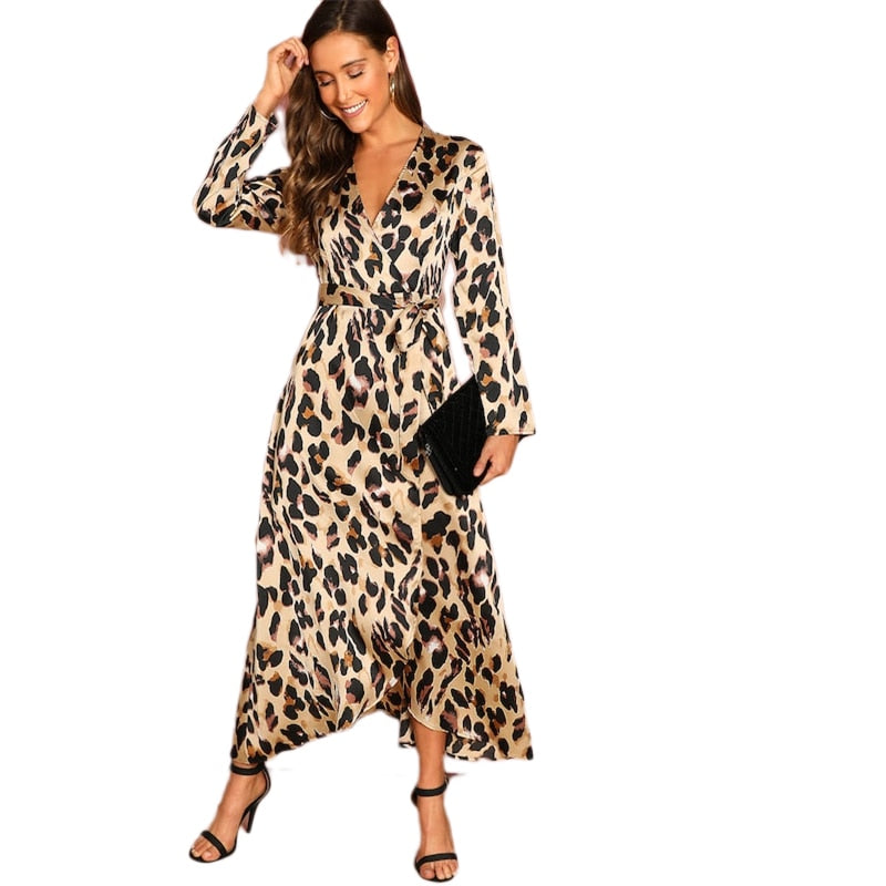 Multicolor Surplice Wrap Satin Leopard Deep V Neck Half Sleeve Dress Elegant Women Autumn Modern Lady Dresses-1