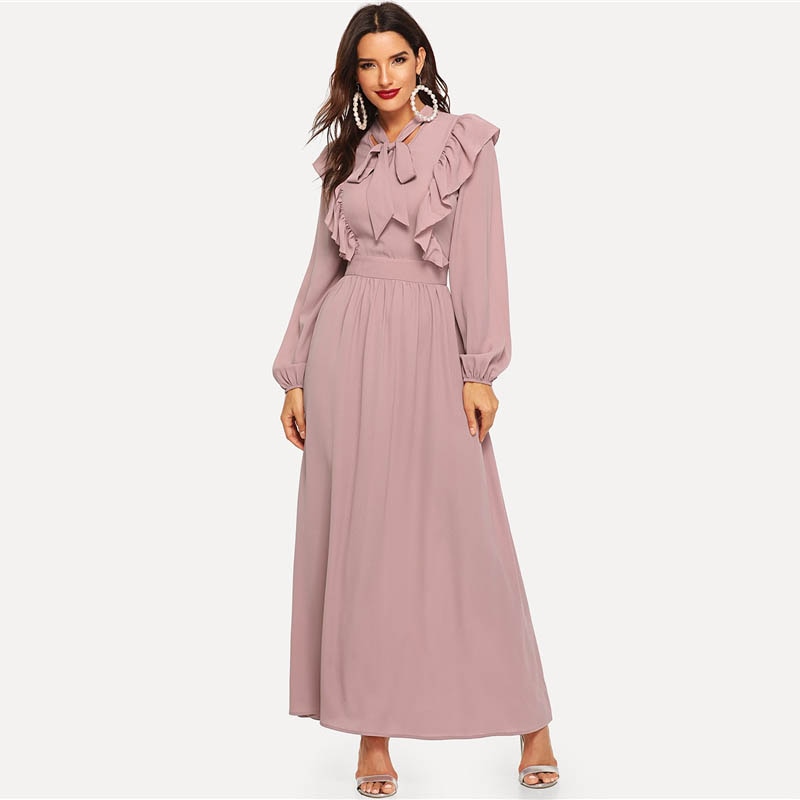 Pink Abaya Tie Neck Fit and Flare Ruffle Pleated High Waist A Line Dress Women Spring Solid Elegant Maxi Dresses-4