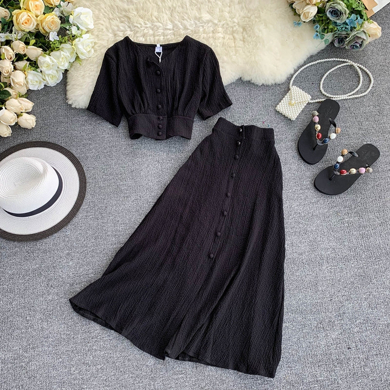 🤍 Ensemble 2 pièces – Chemise & jupe taille élastique