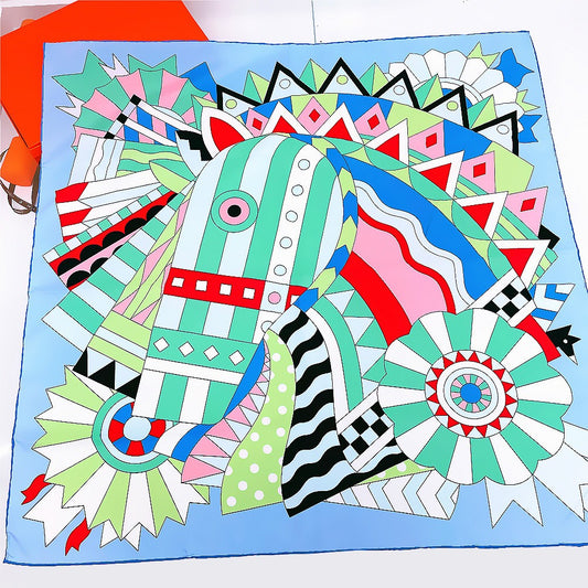 🧣 Foulard carré satin & soie – Motif cheval & élégance raffinée