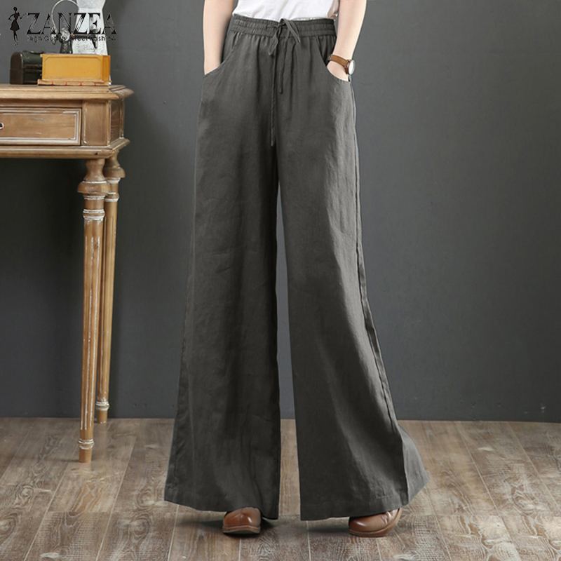 Pantalon large en coton et lin – taille haute style décontracté