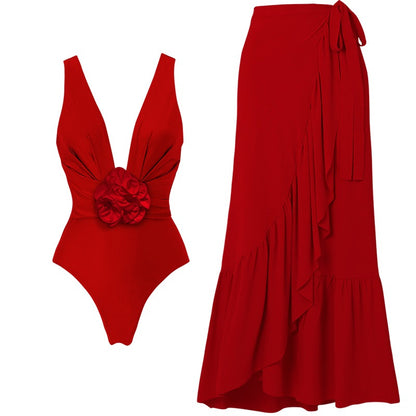 ❤️ Maillot de bain 1 pièce – Décolleté V & Fleurs 3D