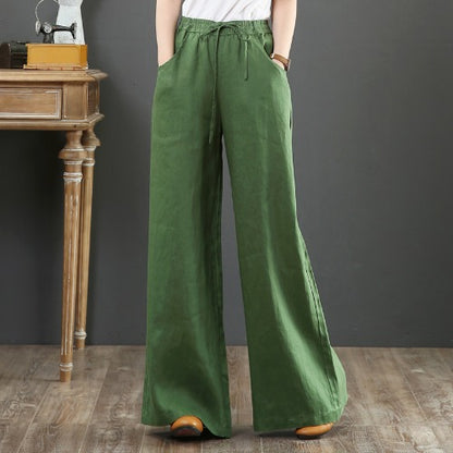 Pantalon large en coton et lin – taille haute style décontracté