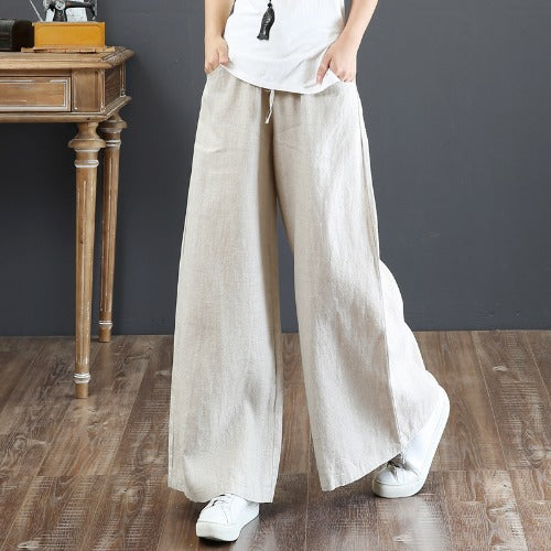 Pantalon large en coton et lin – taille haute style décontracté