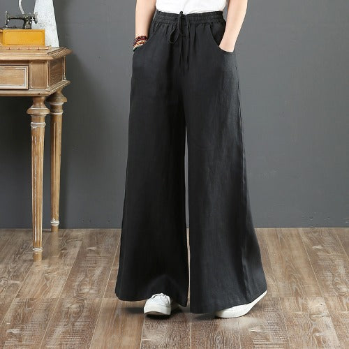 Pantalon large en coton et lin – taille haute style décontracté