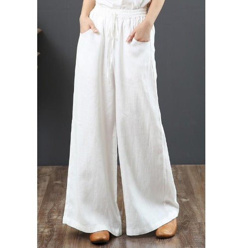 Pantalon large en coton et lin – taille haute style décontracté