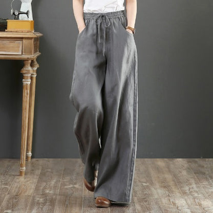 Pantalon large en coton et lin – taille haute style décontracté