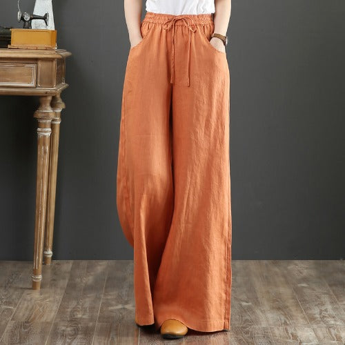 Pantalon large en coton et lin – taille haute style décontracté