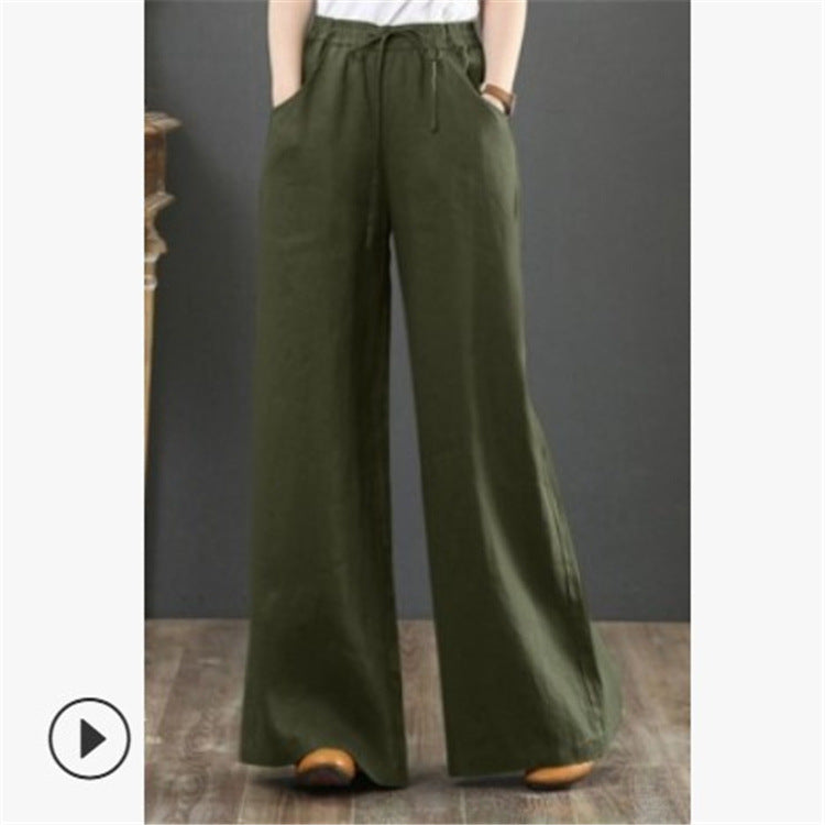 Pantalon large en coton et lin – taille haute style décontracté