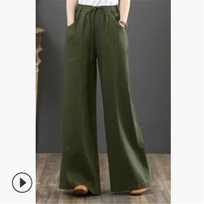 Pantalon large en coton et lin – taille haute style décontracté