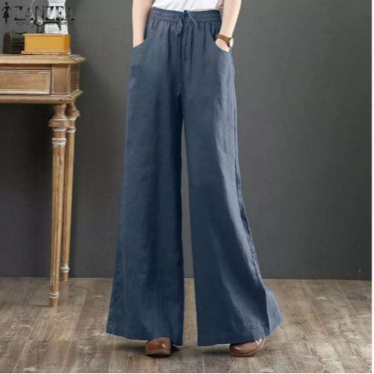 Pantalon large en coton et lin – taille haute style décontracté