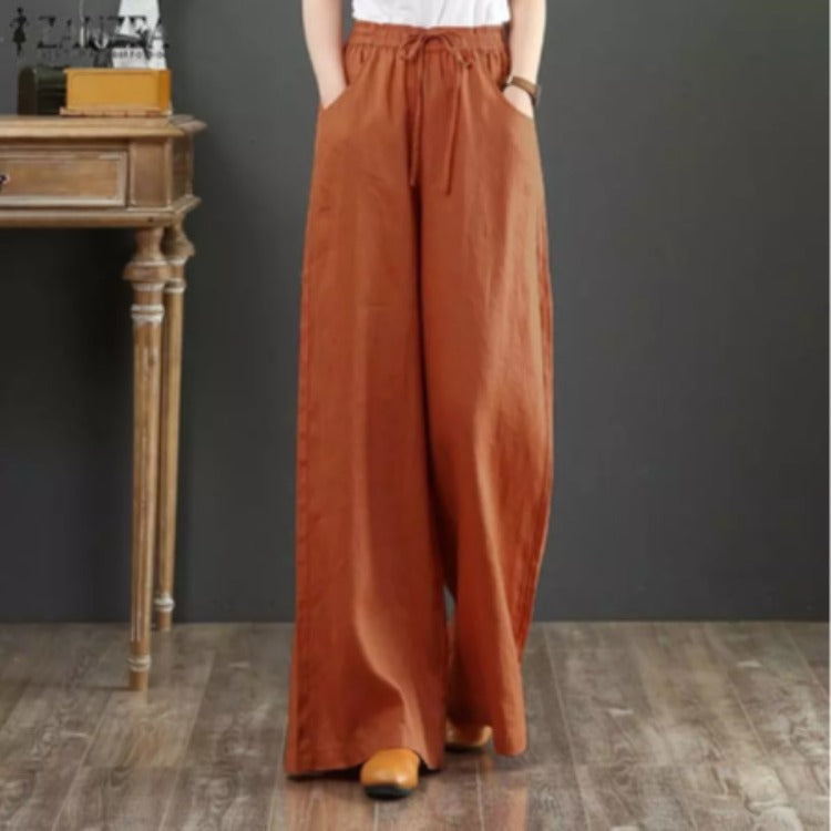 Pantalon large en coton et lin – taille haute style décontracté