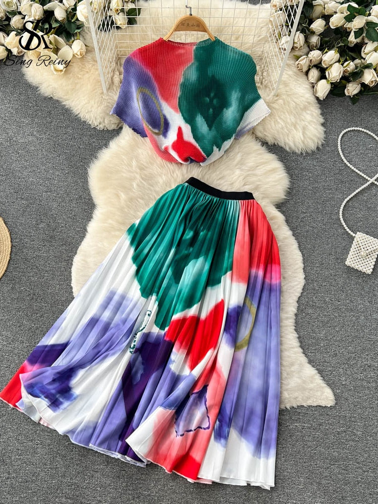 🌈 Ensemble été 2 pièces – T-shirt & jupe plissée tie-dye