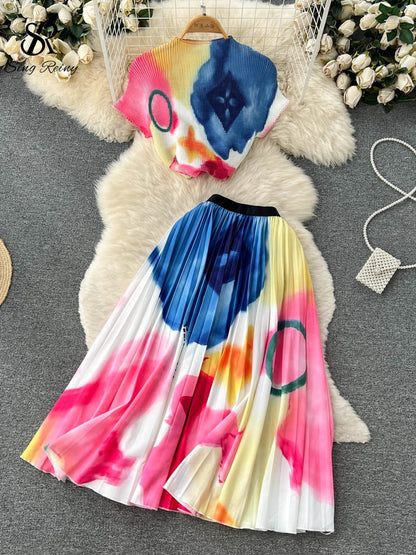 🌈 Ensemble été 2 pièces – T-shirt & jupe plissée tie-dye