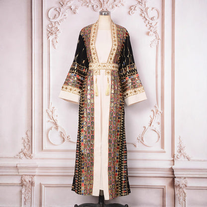 ✨ Robe-cardigan (abaya) de soirée à sequins et franges – éclat et glamour