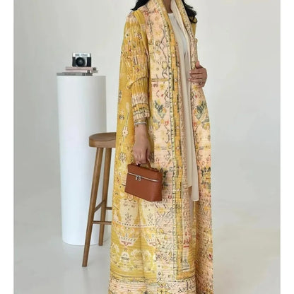 Robe-cardigan plissée imprimée – élégance artistique (abaya)