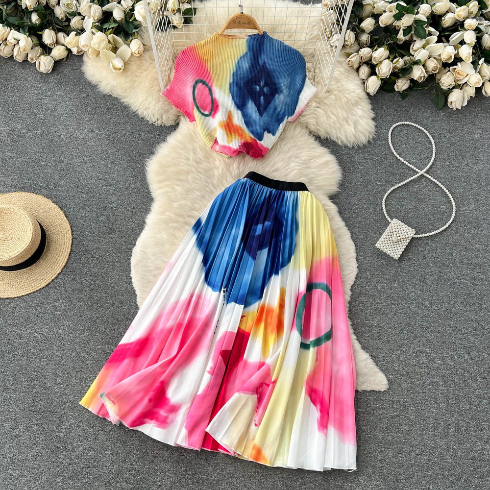 🌈 Ensemble été 2 pièces – T-shirt & jupe plissée tie-dye