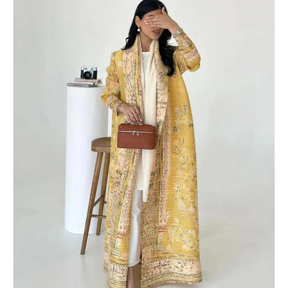 Robe-cardigan plissée imprimée – élégance artistique (abaya)