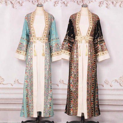✨ Robe-cardigan (abaya) de soirée à sequins et franges – éclat et glamour