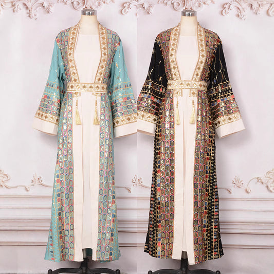 ✨ Robe-cardigan (abaya) de soirée à sequins et franges – éclat et glamour