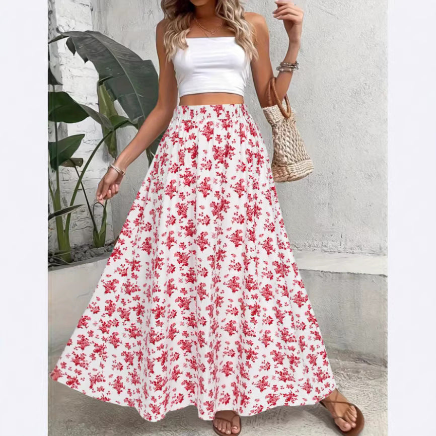 Jupe longue d'été fluide et légère à imprimé floral bohème, cintrée à la taille