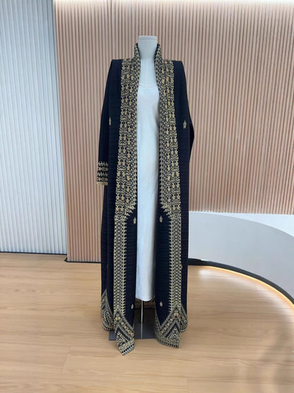 Robe-cardigan plissée imprimée – élégance artistique (abaya)
