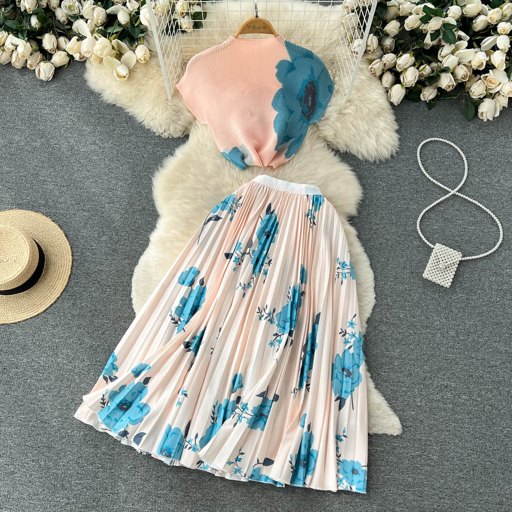 🌈 Ensemble été 2 pièces – T-shirt & jupe plissée tie-dye