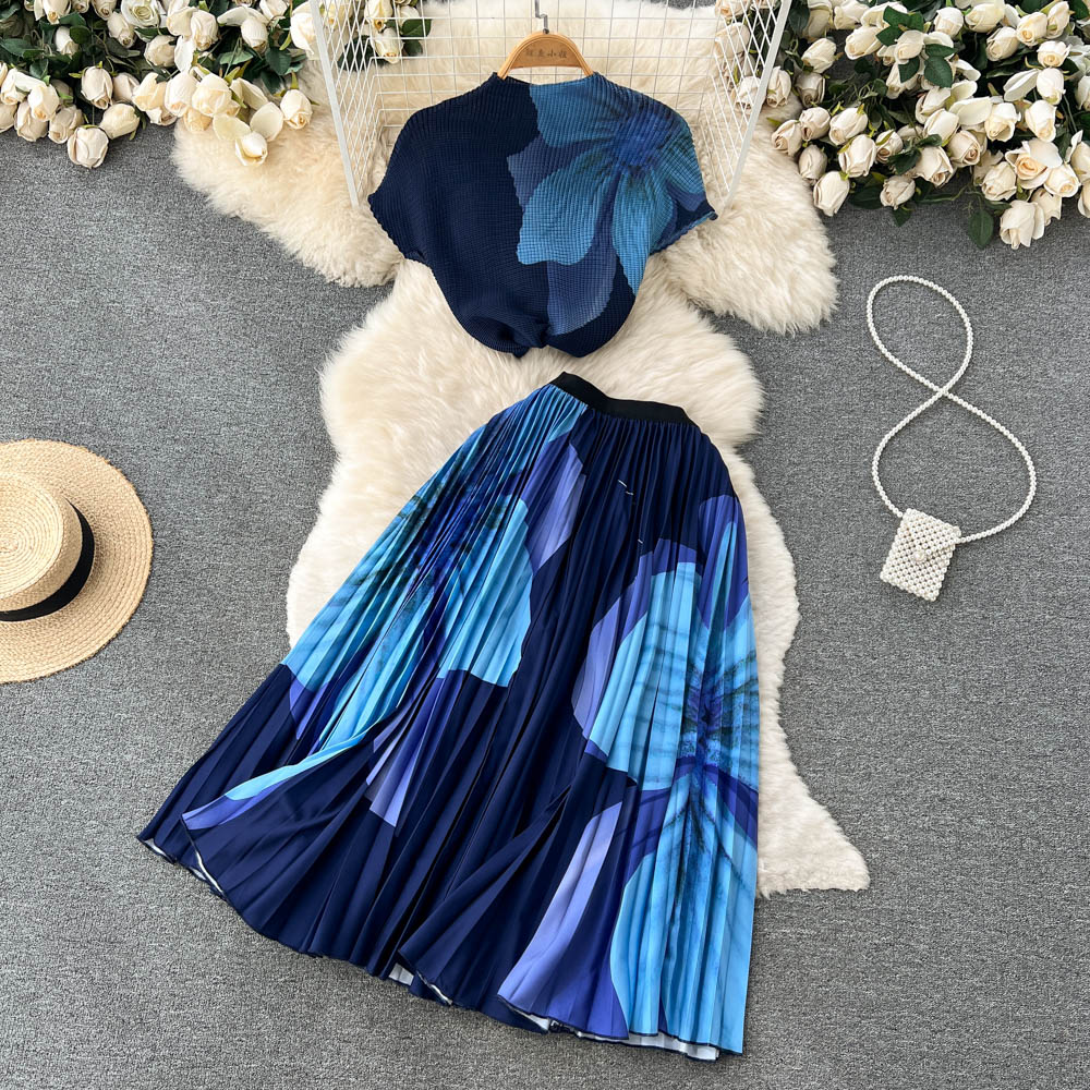 🌈 Ensemble été 2 pièces – T-shirt & jupe plissée tie-dye