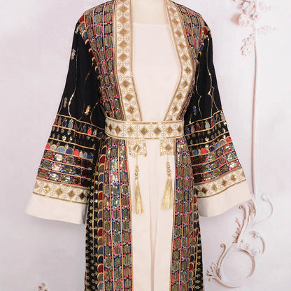 ✨ Robe-cardigan (abaya) de soirée à sequins et franges – éclat et glamour