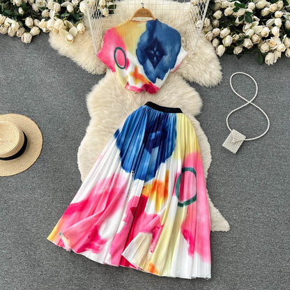 🌈 Ensemble été 2 pièces – T-shirt & jupe plissée tie-dye