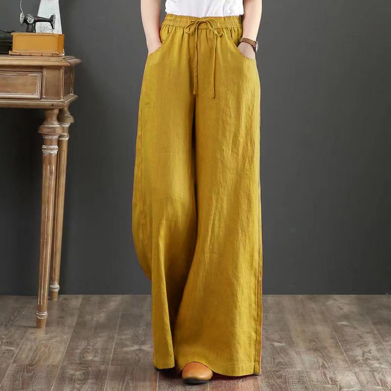 Pantalon large en coton et lin – taille haute style décontracté