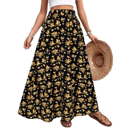 Jupe longue d'été fluide et légère à imprimé floral bohème, cintrée à la taille