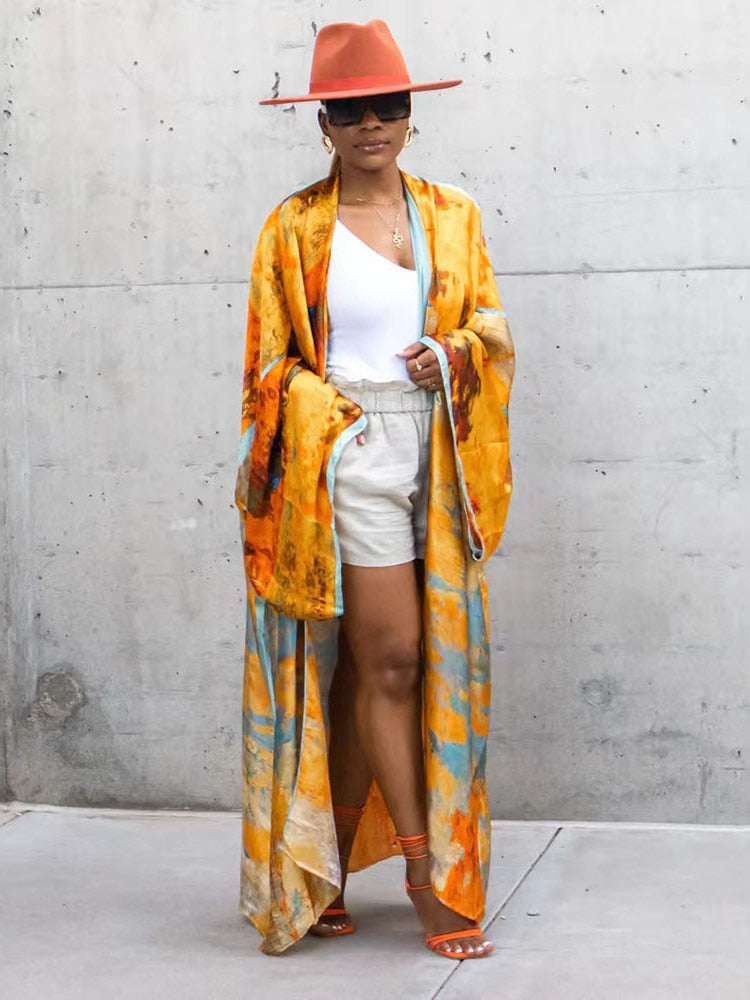 🌞 Kimono de plage long – Style bohème & imprimé doré