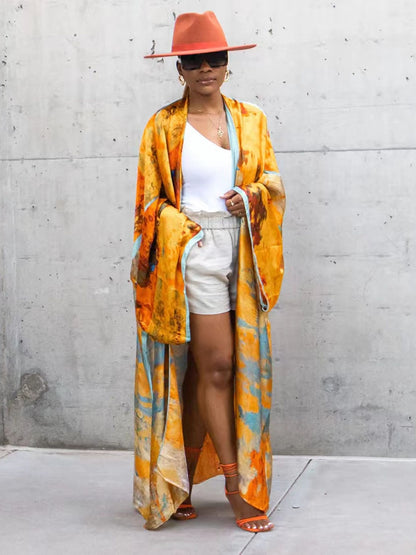 🌞 Kimono de plage long – Style bohème & imprimé doré