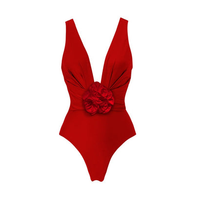 ❤️ Maillot de bain 1 pièce – Décolleté V & Fleurs 3D