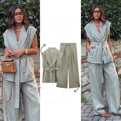 Ensemble femme en lin avec ceinture – style moderne et décontracté