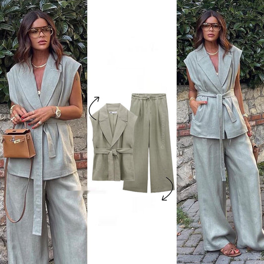 Ensemble femme en lin avec ceinture – style moderne et décontracté