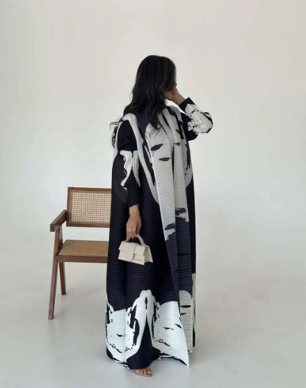 Robe-cardigan plissée imprimée – élégance artistique (abaya)