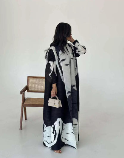 Robe-cardigan plissée imprimée – élégance artistique (abaya)