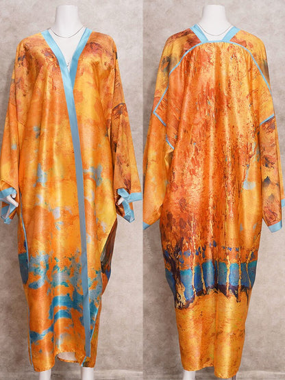 🌞 Kimono de plage long – Style bohème & imprimé doré