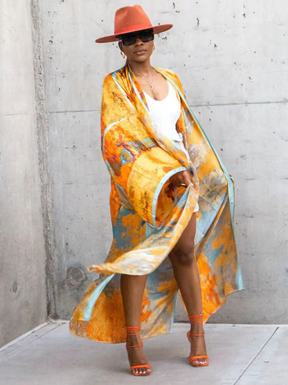 🌞 Kimono de plage long – Style bohème & imprimé doré