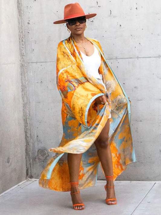 🌞 Kimono de plage long – Style bohème & imprimé doré