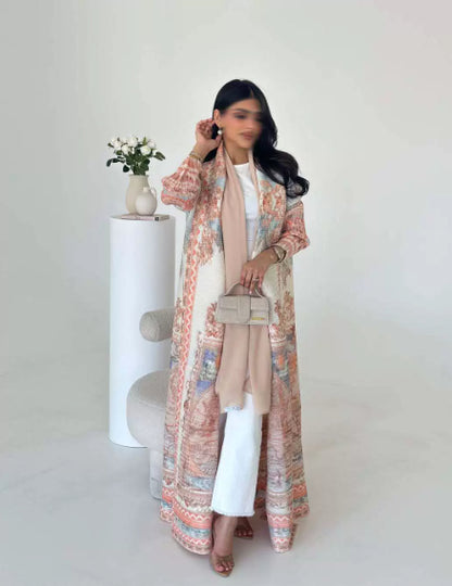 Robe-cardigan plissée imprimée – élégance artistique (abaya)